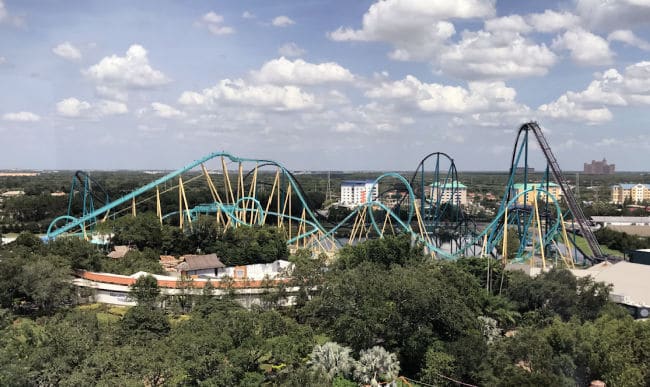 Roller coaster rides in skyline at Seaworld for ideas for Amusement park virtual field trips for kids 