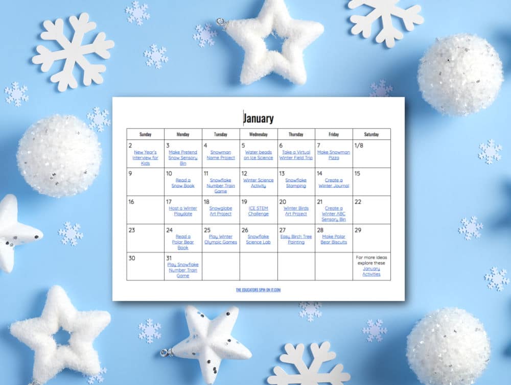 January Activity Calendar for Kids