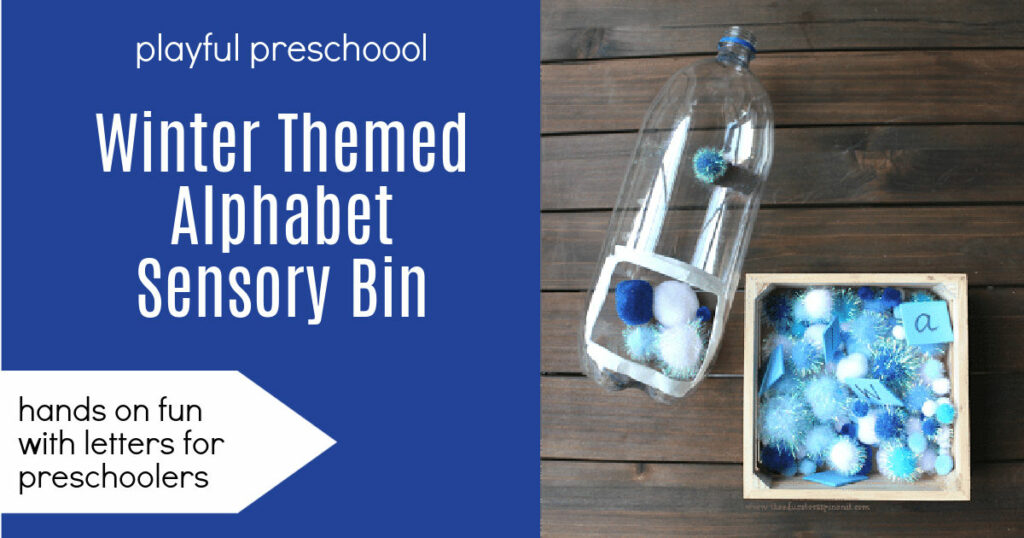 Winter Themed Alphabet Sensory Bin for Preschoolers with pom poms and recycled bottle.
