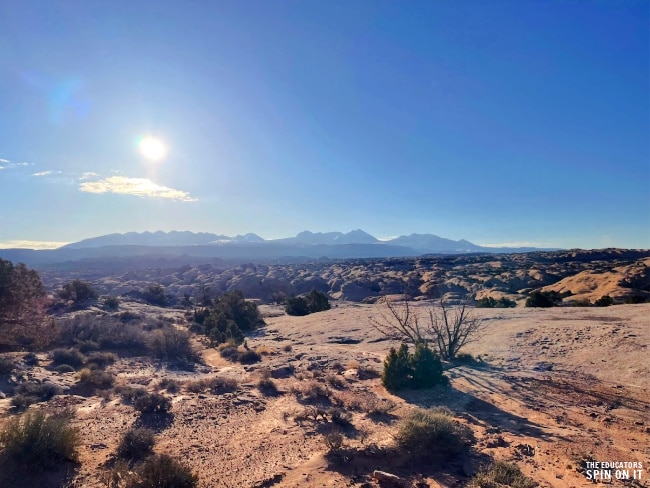 View of the mountains and desert of the Manti La Sal Scenic Overlook