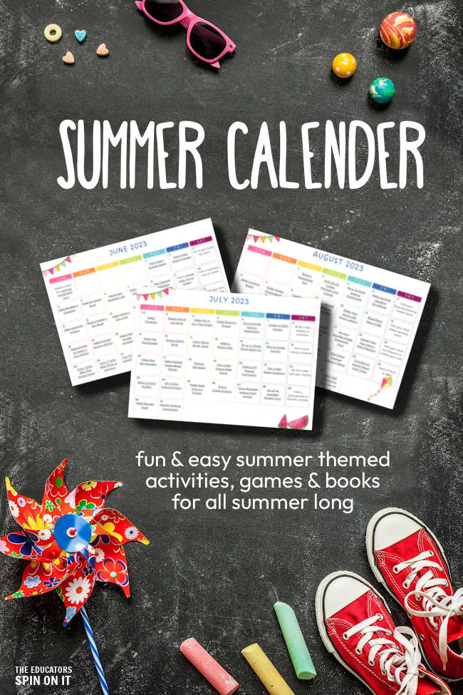 Summer Activity Calendars for Kids for June, July, and Augsut. Fun and Easy summer themed activities, games and books for all summer long