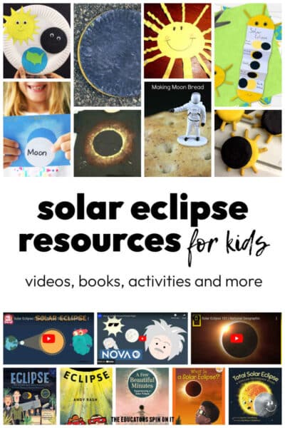 Solar Eclipse Resources for Kids. Includes videos, books, activities, resources and more for kids of all ages to learn about solar eclipses.