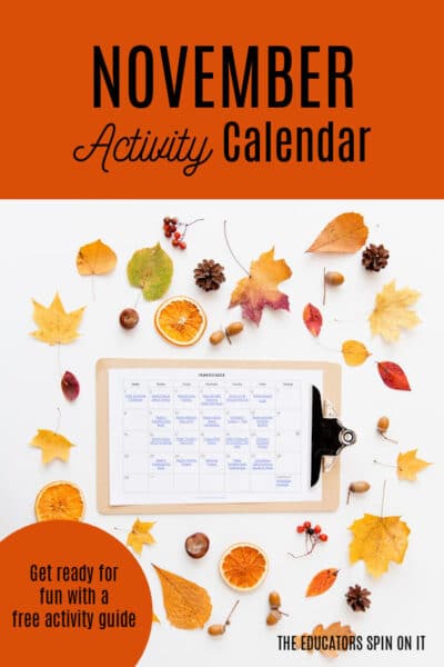 Orange cover showing 'November Activity Calendar' with autumn leaves scattered around a clipboard calendar; a circular label invites a free activity guide.