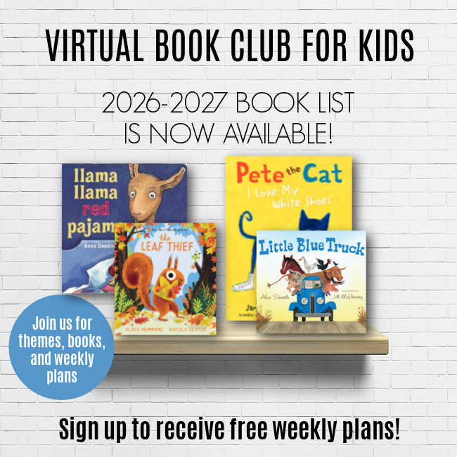 Book List Available 2026-2027 - The Educators' Spin On It Poster for 'Virtual Book Club for Kids': '2026-2027 book list is now available' with four children's books (Llama Llama Red Pajama, Leaf Thief, Pete the Cat: I Love My White Shoes, Little Blue Truck) on a shelf; blue badge reads 'Join us for themes, books, and weekly plans'; bottom caption: 'Sign up to receive free weekly plans!'