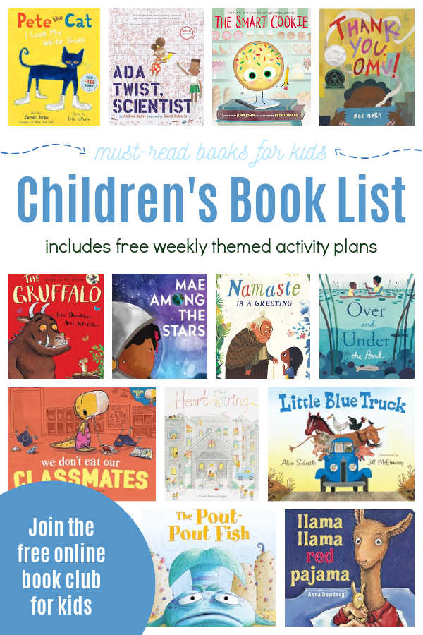 Virtual-Book-Club-for-Kids-book-List-2026-2027 - The Educators' Spin On It Colorful collage of children's book covers arranged around the title 'Children's Book List', promoting must-read books for kids.