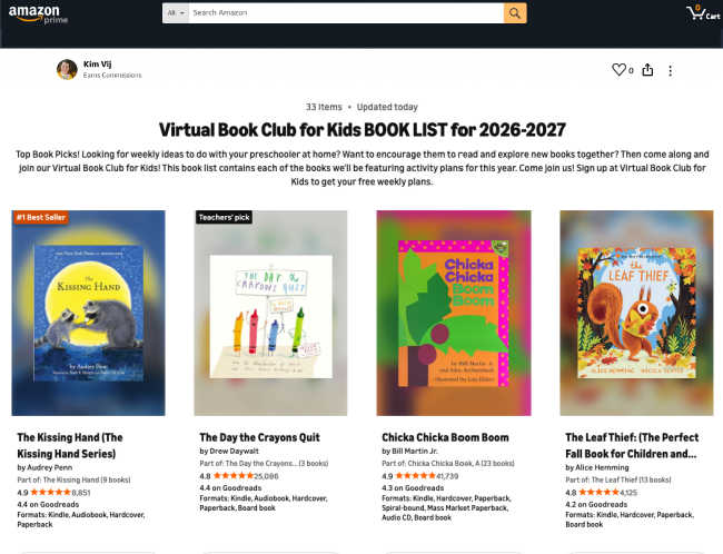 amazon-list-virtual-book-club-for-kids-book-list-2026 - The Educators' Spin On It Amazon page for 'Virtual Book Club for Kids' with four book cards: The Kissing Hand (best seller), The Day the Crayons Quit, Chicka Chicka Boom Boom, The Leaf Thief.