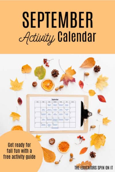 September Activity Calendar on a clipboard surrounded by fall leaves and orange slices, autumn-themed cover image to promote a fall activity guide.