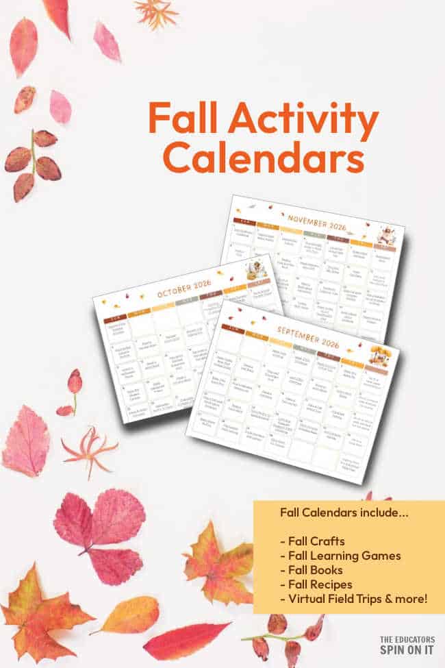 fall-activity-calendars-for-kids-2026 - The Educators' Spin On It Promotional cover for Fall Activity Calendars with autumn leaves and three calendar sheets showing September–November 2026; highlights fall activities on the side.