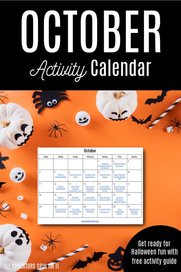 october-activity-calendar-pin-2026 - The Educators' Spin On It October activity calendar on an orange Halloween-themed background with pumpkins, spiders, bats, and candy; calendar grid with daily activities visible.