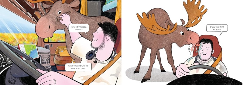 rus-and-moose-inside-truck - The Educators' Spin On It Friendship between moose and truck driver in the book Rus and Moose by Chuchu Wang
