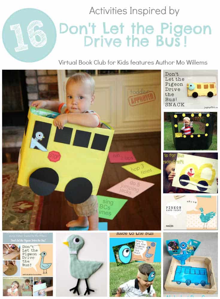 Mo-Willems-Virtual-Book-Club-for-Kids-featuring-Pigeon-DRIVE - The Educators' Spin On It Collage of kids' crafts inspired by Don't Let the Pigeon Drive the Bus!, with a child in a yellow bus costume as the central image and several small crafts around it.