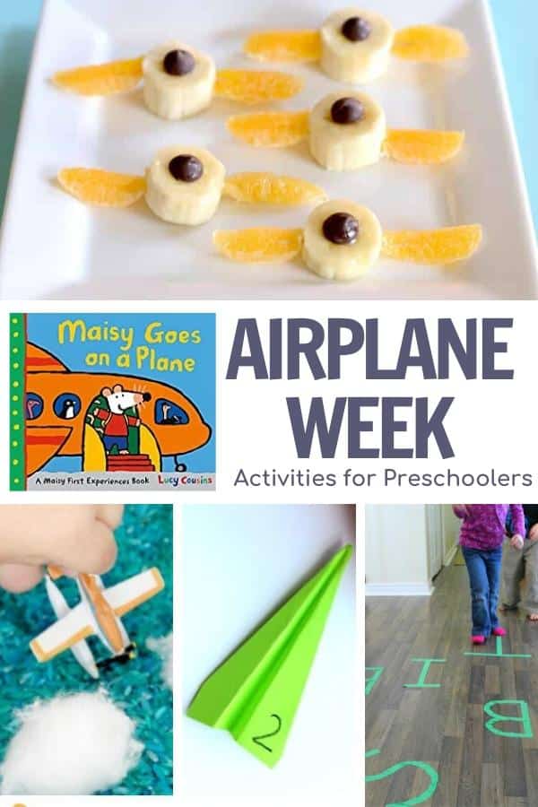 airplane-week-featuring-Maisy-goes-on-a-plane-for-preschoolers - The Educators' Spin On It Collage promoting Airplane Week for preschoolers: airplane-themed snacks, a Maisy Goes on a Plane logo, and craft/activity photos.