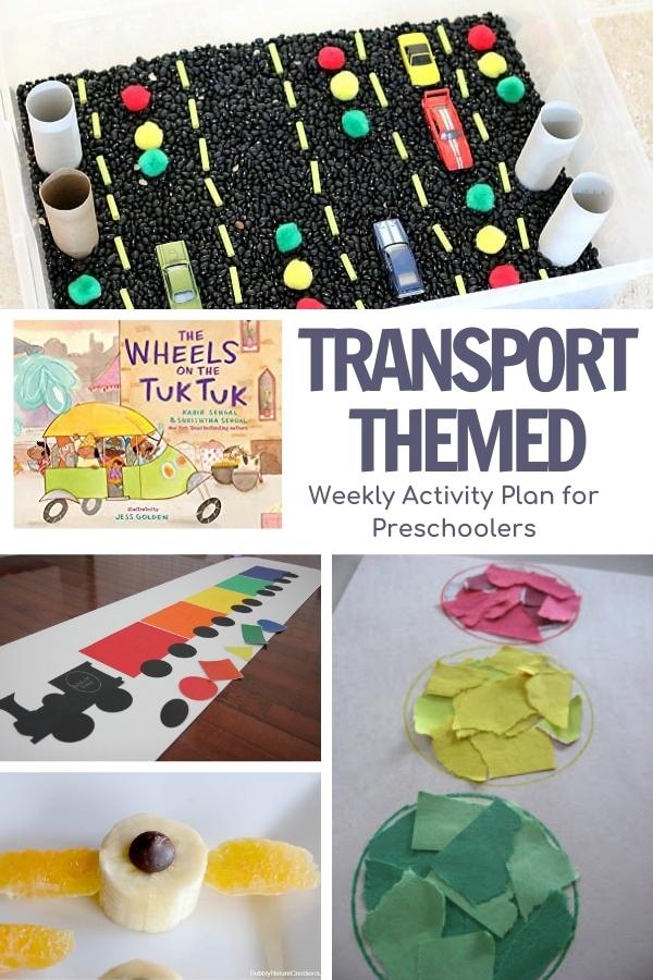 transport-themed-weekly-activity-plan-for-preschoolers - The Educators' Spin On It Transport-themed weekly activity plan for preschoolers, collage of road play, book cover, and crafts; uses vehicles and colors to teach mobility concepts.