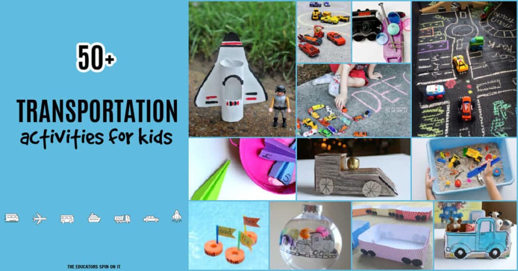 transportation-activities-for-kids-FB - The Educators' Spin On It 50+ Transportation Ideas for Kids which highlights various activities with cars, boats, trains, airplanes, trucks and more.