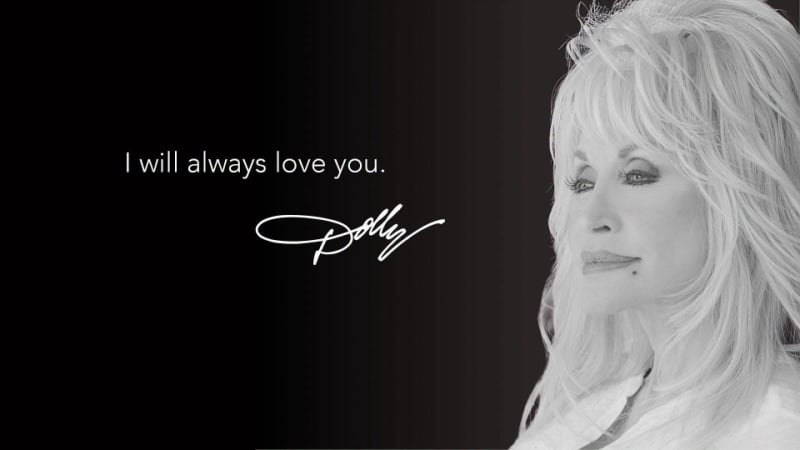 dolly parton 1 - The Educators' Spin On It Grayscale portrait of a blonde woman beside the quote “I will always love you.” with a signature below, on a dark background.