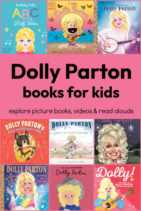 dolly-parton-books-for-kids - The Educators' Spin On It Dolly Parton children’s book covers on a pink poster advertising kids’ picture books, videos, and read-alouds.