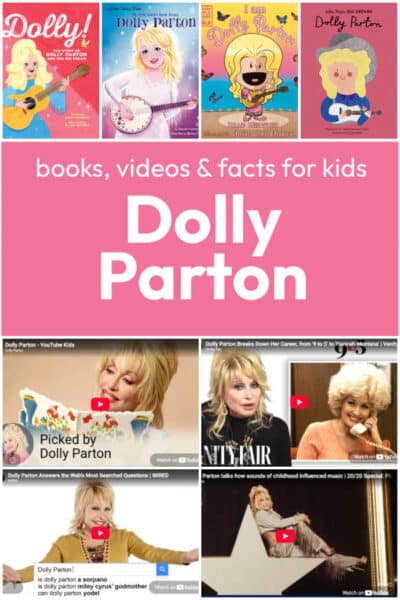 dolly-parton-books-videos-facts-for-kids - The Educators' Spin On It Dolly Parton kids' book covers with a pink banner reading 'Dolly Parton' and multiple video thumbnails below.