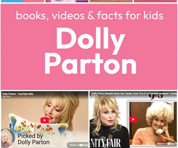 dolly-parton-books-videos-facts-for-kids - The Educators' Spin On It Dolly Parton kids' book covers with a pink banner reading 'Dolly Parton' and multiple video thumbnails below.