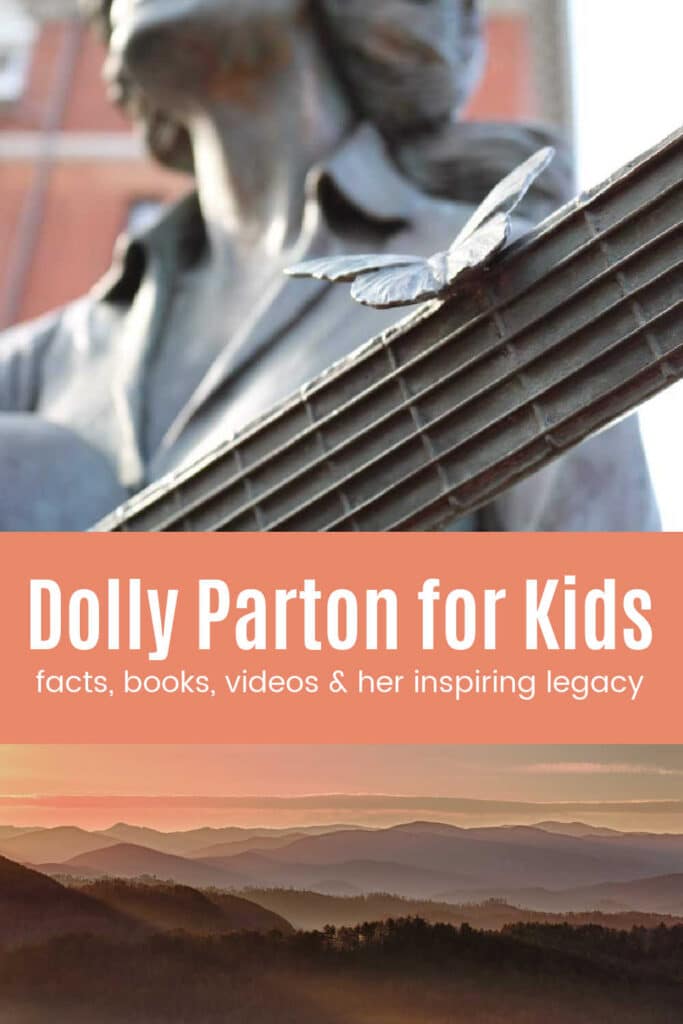 dolly-parton-for-kids - The Educators' Spin On It Close-up of a weathered statue with a moth on a metal grid, overlaid by a peach banner that says 'Dolly Parton for Kids' and 'facts, books, videos & her inspiring legacy'.