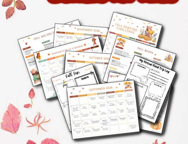 fall-activity-bundle-for-kids-2026 - The Educators' Spin On It Fall Activity Bundle for Kids cover with autumn leaves and sample calendars and activities (Fall calendars, reading challenges, field trips)