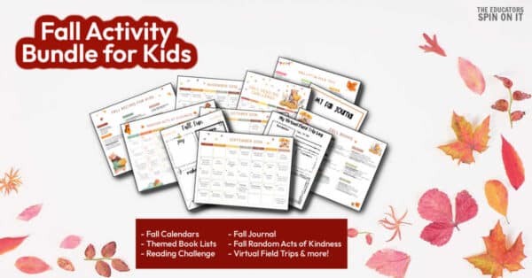 Fall Activity Bundle for Kids collage with autumn leaves and a red banner reading 'Fall Activity Bundle for Kids'.