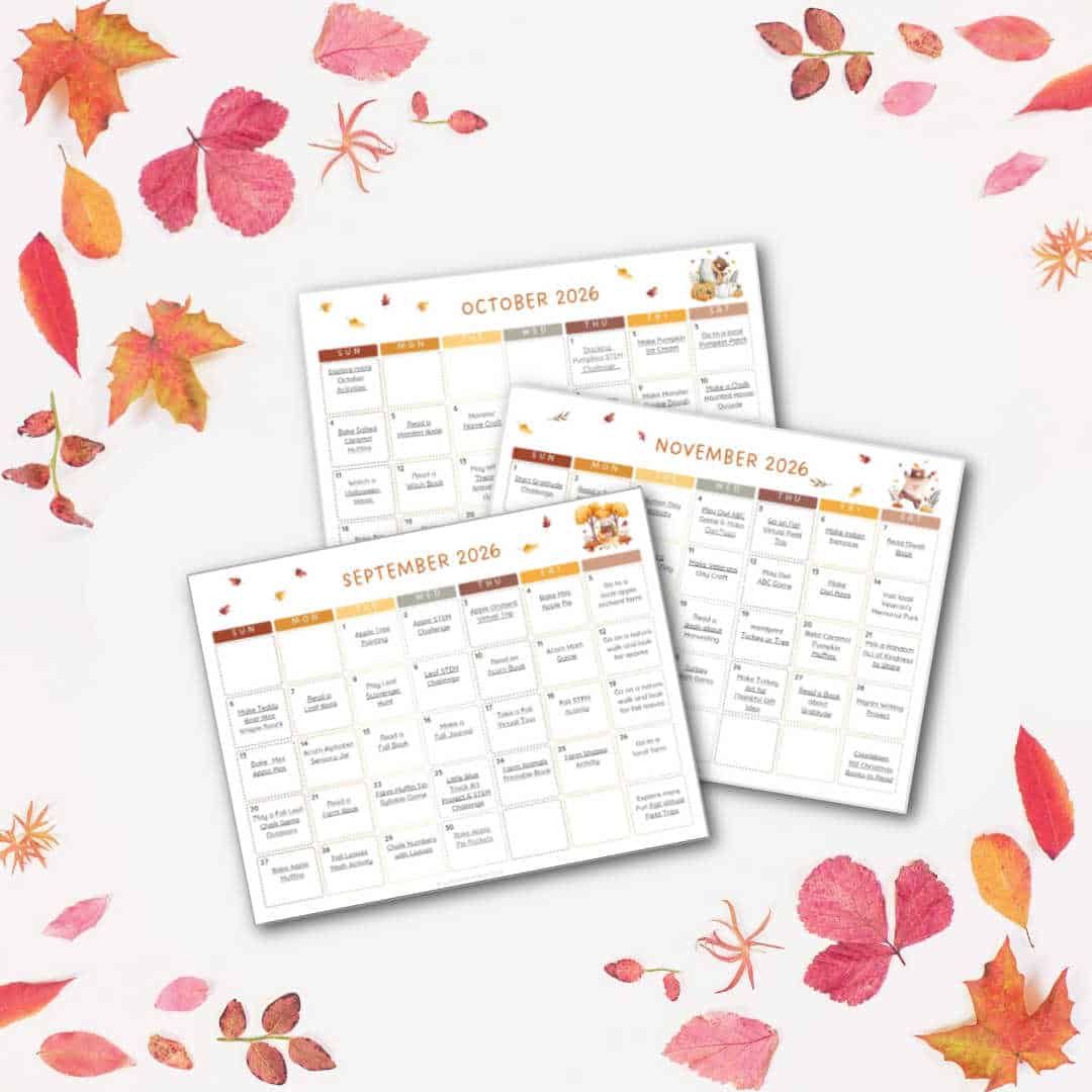 fall-calendars-2026 - The Educators' Spin On It Autumn-themed calendar pages for Sep–Nov 2026 with small events; surrounded by colorful fall leaves.