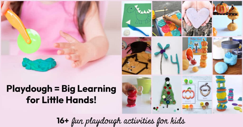 playdough-activities-for-kids-fb - The Educators' Spin On It Collage of colorful playdough projects with a pink banner reading'Playdough = Big Learning for Little Hands' and '16+ fun playdough activities for kids'.